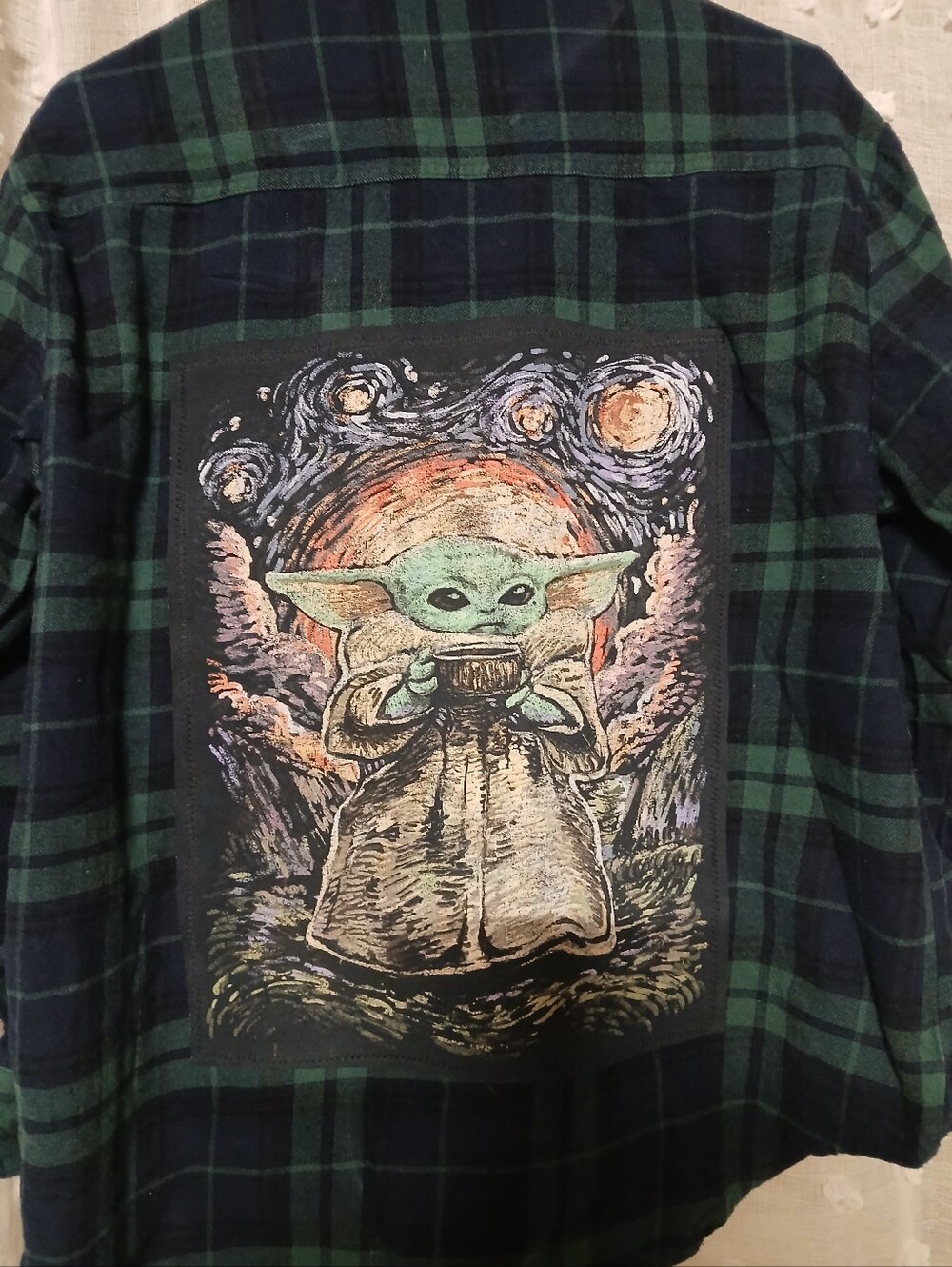 UPCYCLED YODA MANDOLORIAN STAR WARS STARRY NIGHTS GRAPHIC FLANNEL Sz L PUNKPOSHX